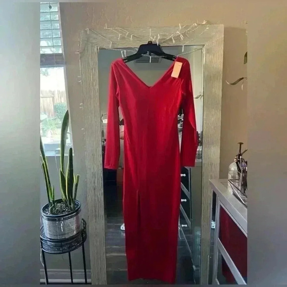 POPILUSH Shapewear Long Sleeve V-Neck Low Back Slimming Maxi Dress Holiday Red - Picture 7 of 8